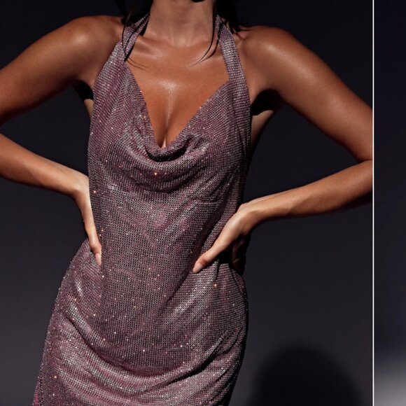 Meshki Dresses & Skirts - Meshki- Pink Diamante Mesh Halter Mini Dress Low Back Medium